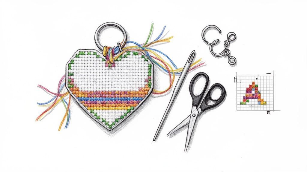 A complete cross-stitch kit with a rainbow heart keychain, needle, scissors, threads, and a pattern.