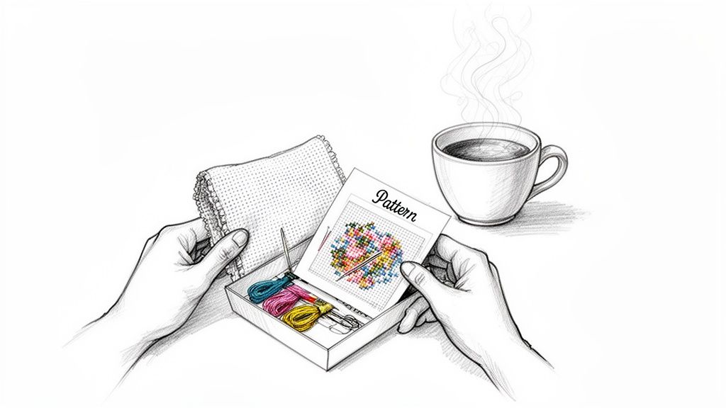 Hands preparing a cross-stitch project with colorful floss, pattern, and a steaming coffee.