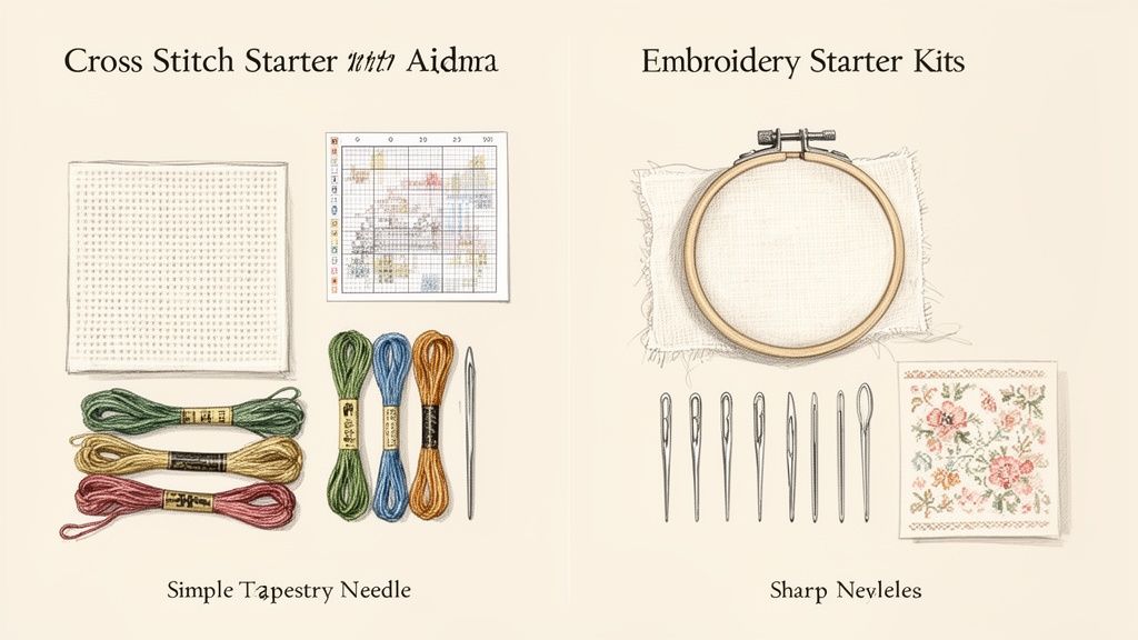 Illustrations of cross stitch and embroidery starter kits, showing fabrics, floss, needles, and hoops.