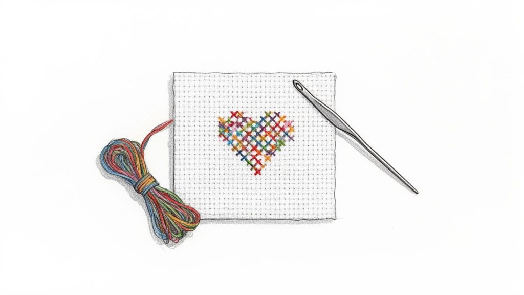 A cross-stitch project featuring a colorful heart, with embroidery floss and a needle.