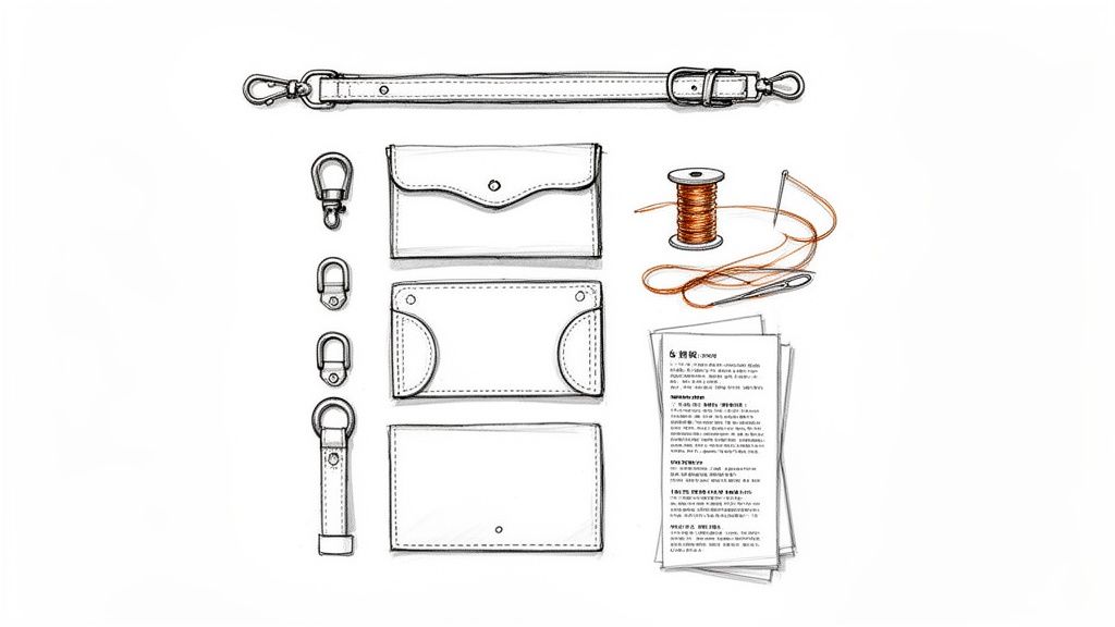 A detailed sketch of leather crafting supplies including a strap, hardware, leather pieces, thread, needles, and instructions.