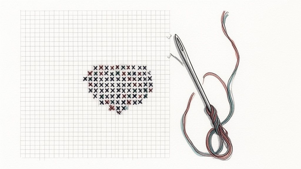 A colorful cross-stitch heart pattern on grid paper next to a needle threaded with yarn.
