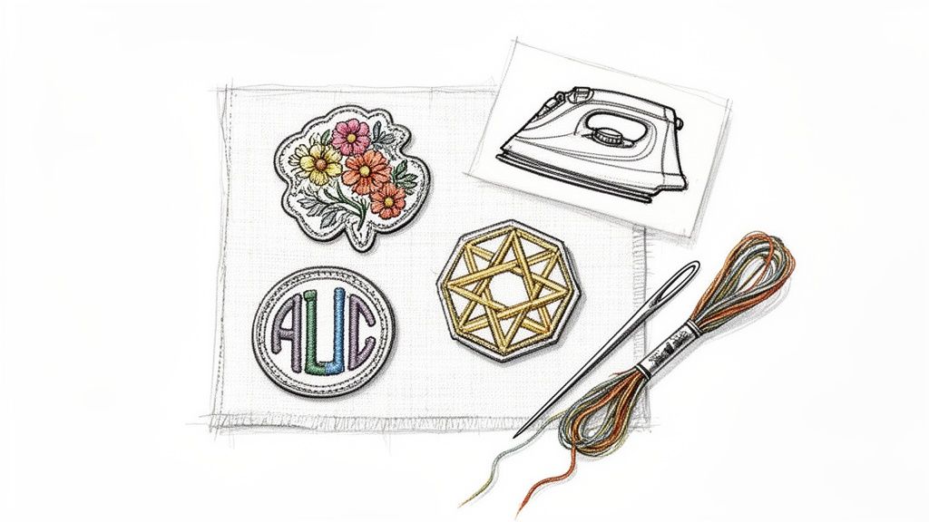 An illustration of embroidery patches, a sketched iron, needle, and colorful threads for crafting.