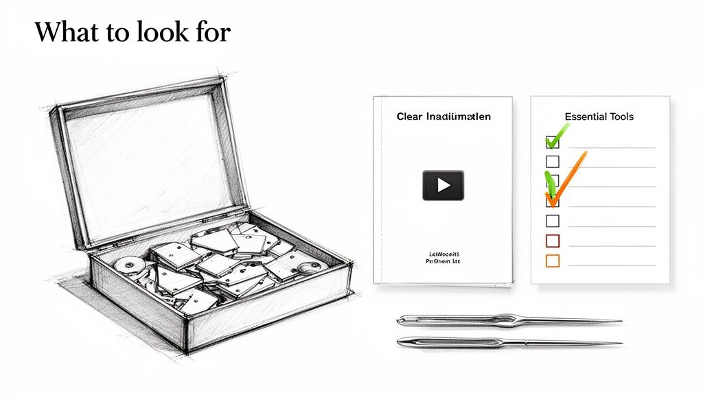 A sketch of an open box filled with small parts, two documents, and two pointed metal tools.