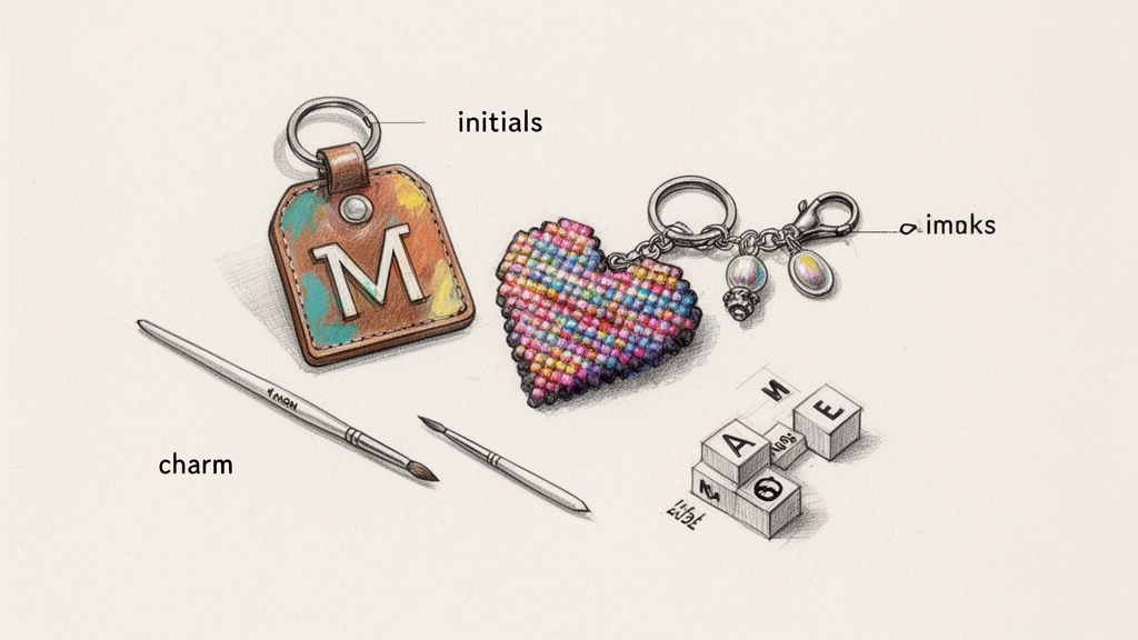 Detailed sketch showing a personalized initial keychain, a colorful heart charm, painting brushes, and letter blocks.