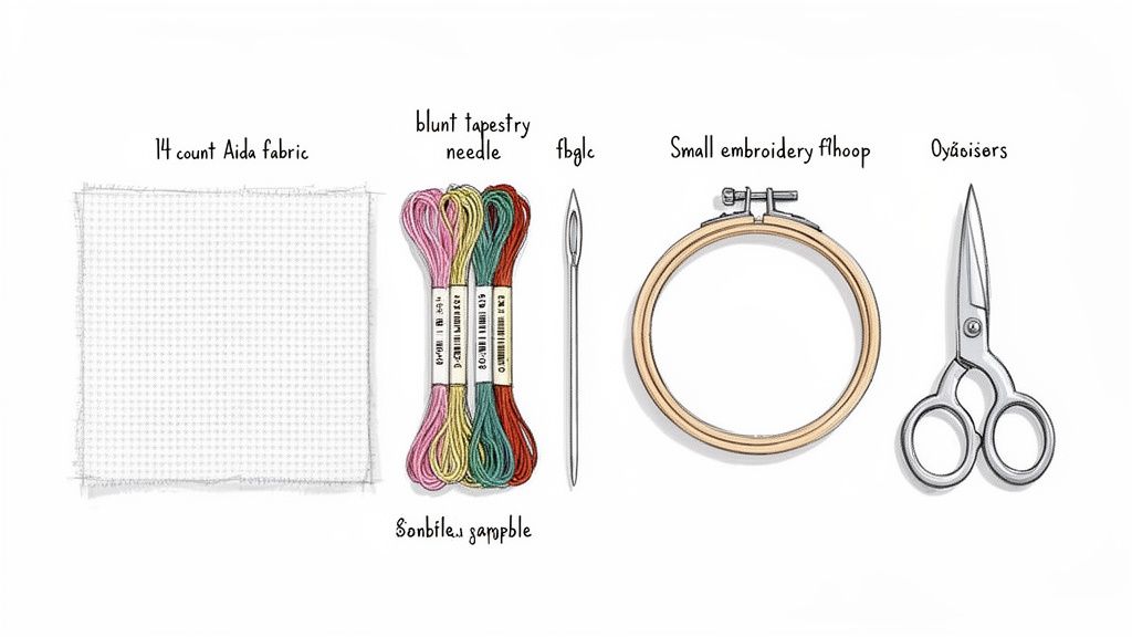 A collection of cross-stitch supplies including Aida fabric, colorful embroidery floss, a needle, hoop, and scissors.