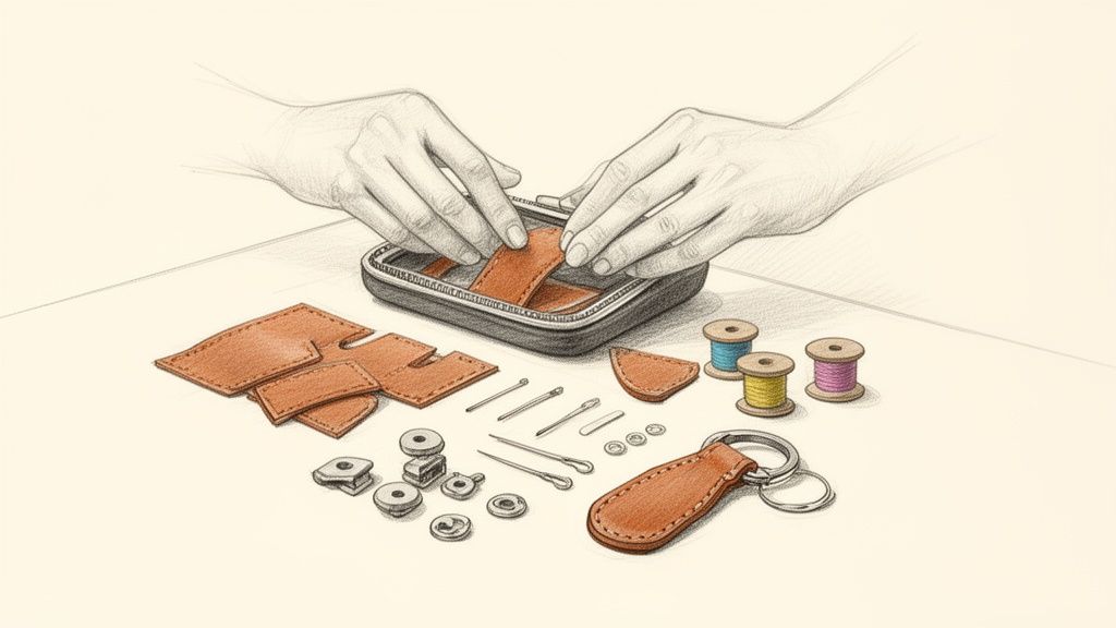 Detailed sketch of hands organizing leather pieces, needles, thread, and hardware for a craft project.
