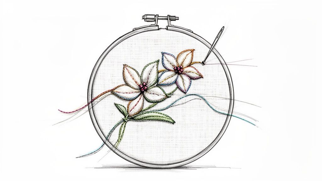 A detailed sketch of an embroidery hoop holding fabric with two stitched flowers and a needle.