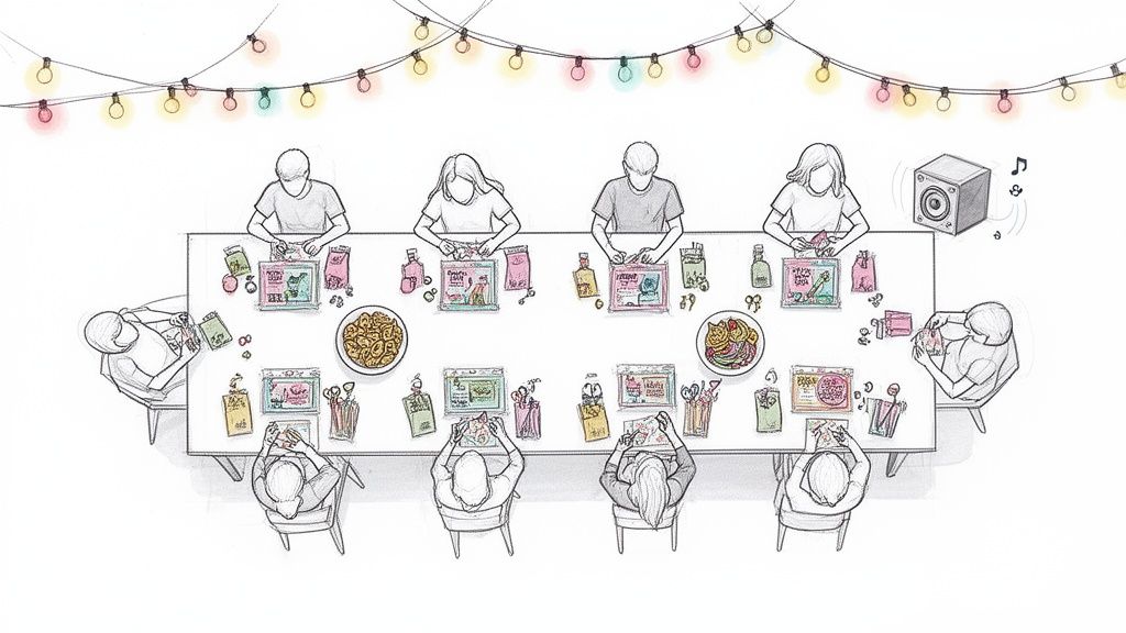 People at a long table crafting from kits, surrounded by snacks, drinks, and string lights.