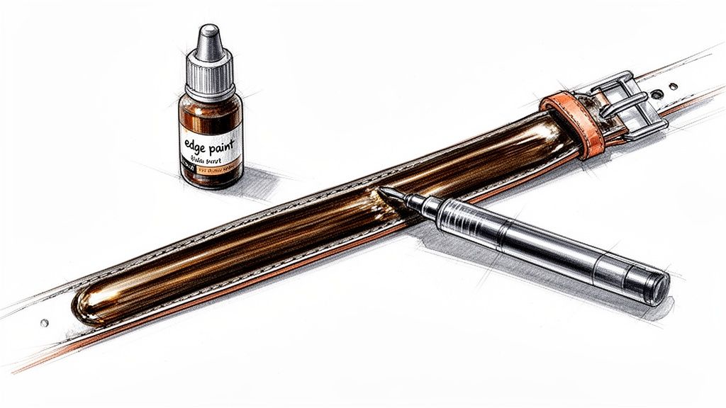 Detailed illustration showing edge paint application on a leather strap with an applicator.