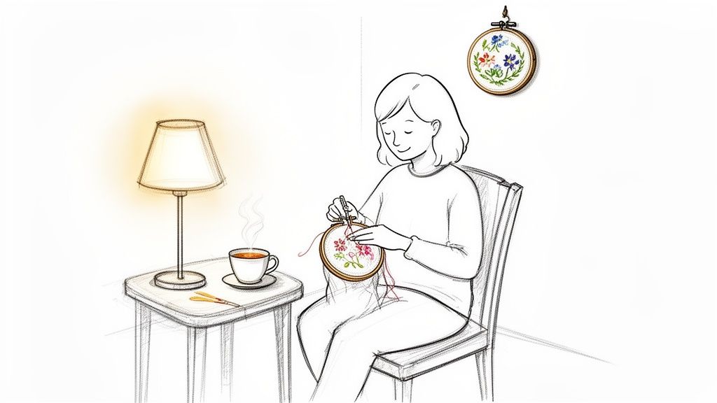 A woman sits, embroidering a floral pattern, with a warm lamp and cup of tea nearby.