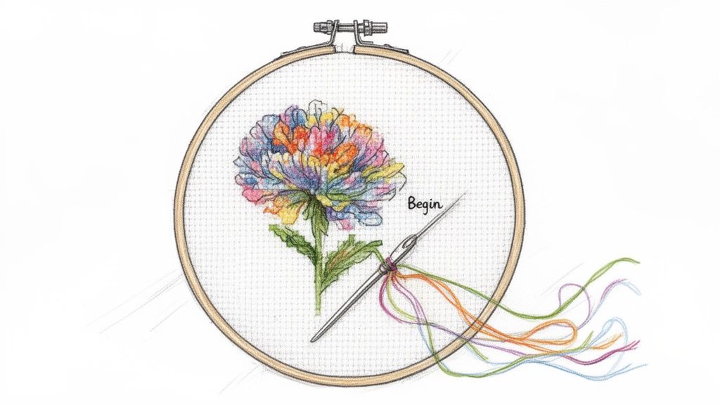 A vibrant, colorful cross-stitched flower design in an embroidery hoop with a needle and multiple threads, indicating 'Begin'.