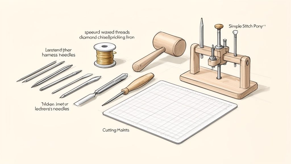An illustration showcasing various hand-sewing leatherworking tools, including needles, thread, mallet, and stitch pony.