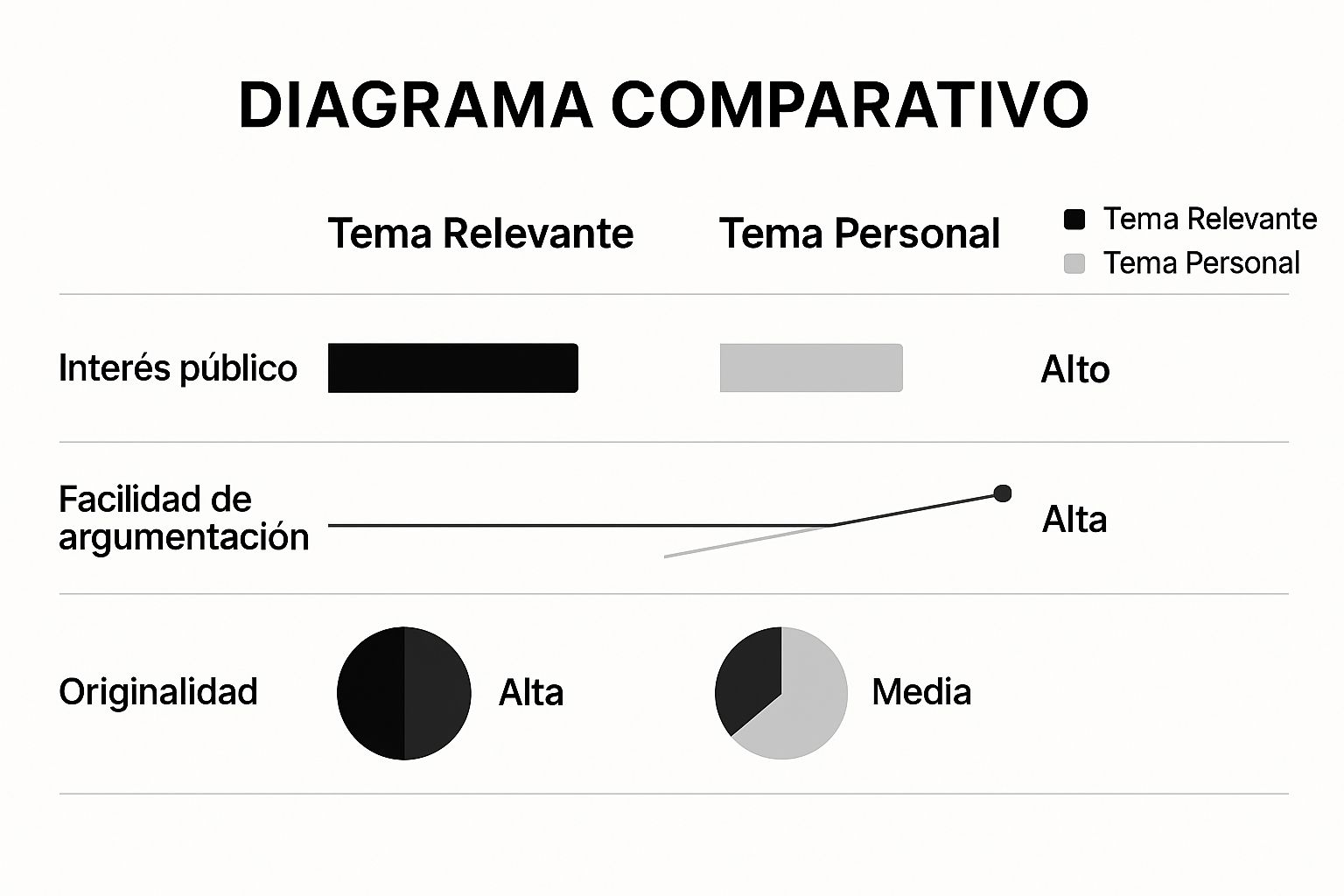 Infografía que compara temas relevantes frente a temas personales, mostrando que los temas relevantes tienen mayor interés público pero los personales son más fáciles de argumentar y ofrecen más originalidad.