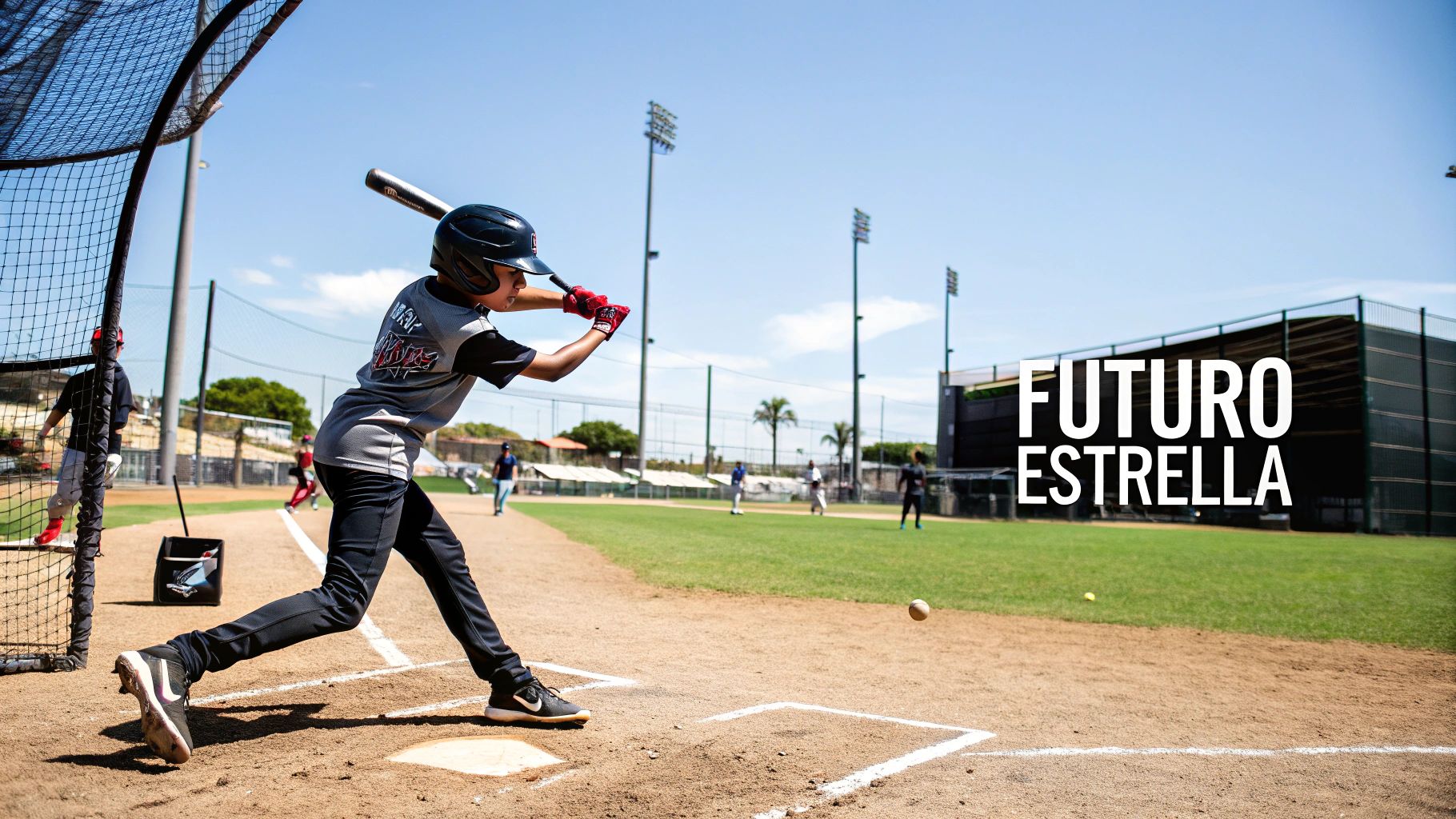 Un joven prospecto de béisbol de los Leones del Escogido practica su bateo en una jaula.