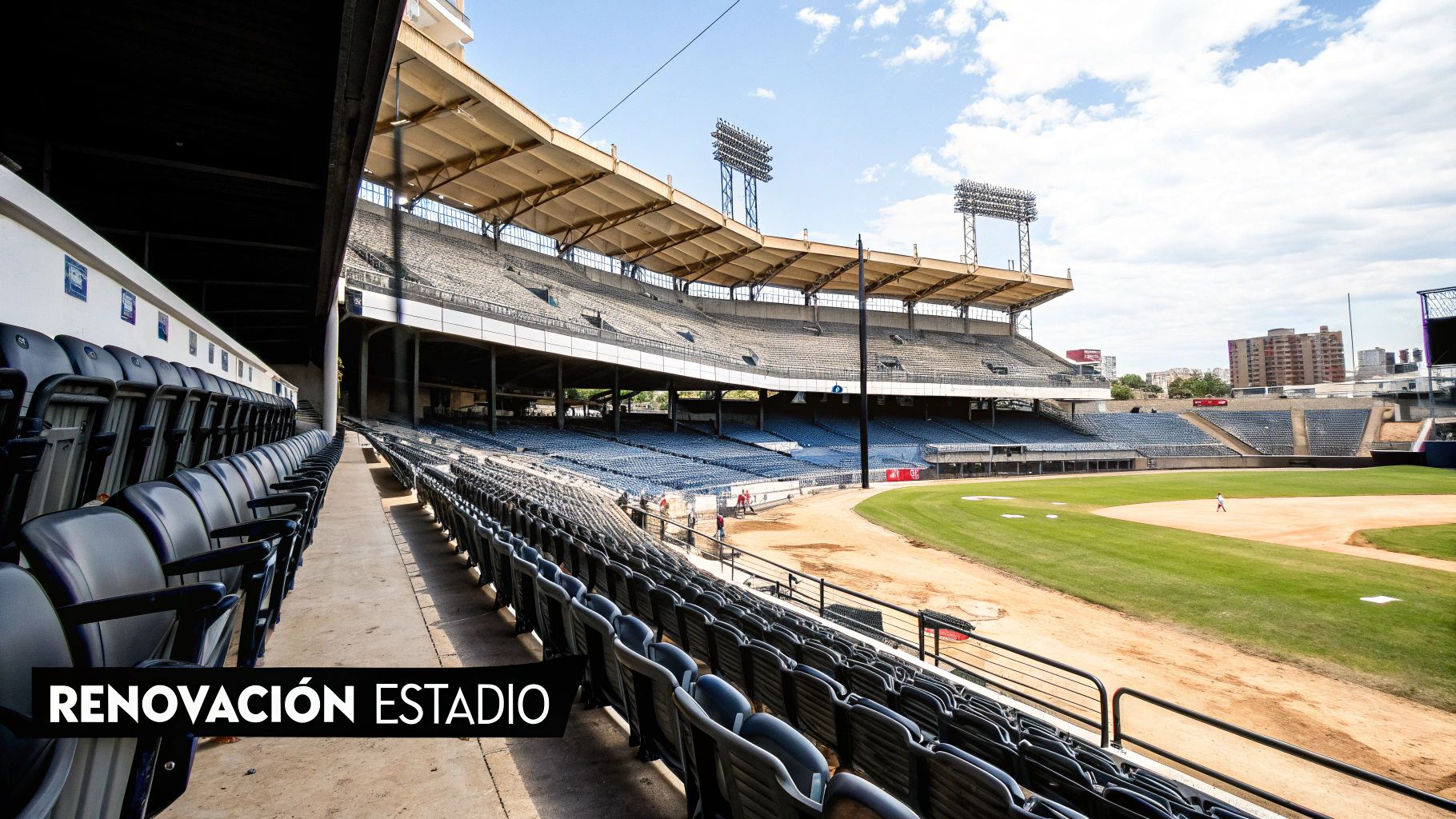 Una ilustración que muestra los planes de renovación del Estadio Quisqueya, destacando nuevos asientos, mejor iluminación y áreas de concesión modernizadas.