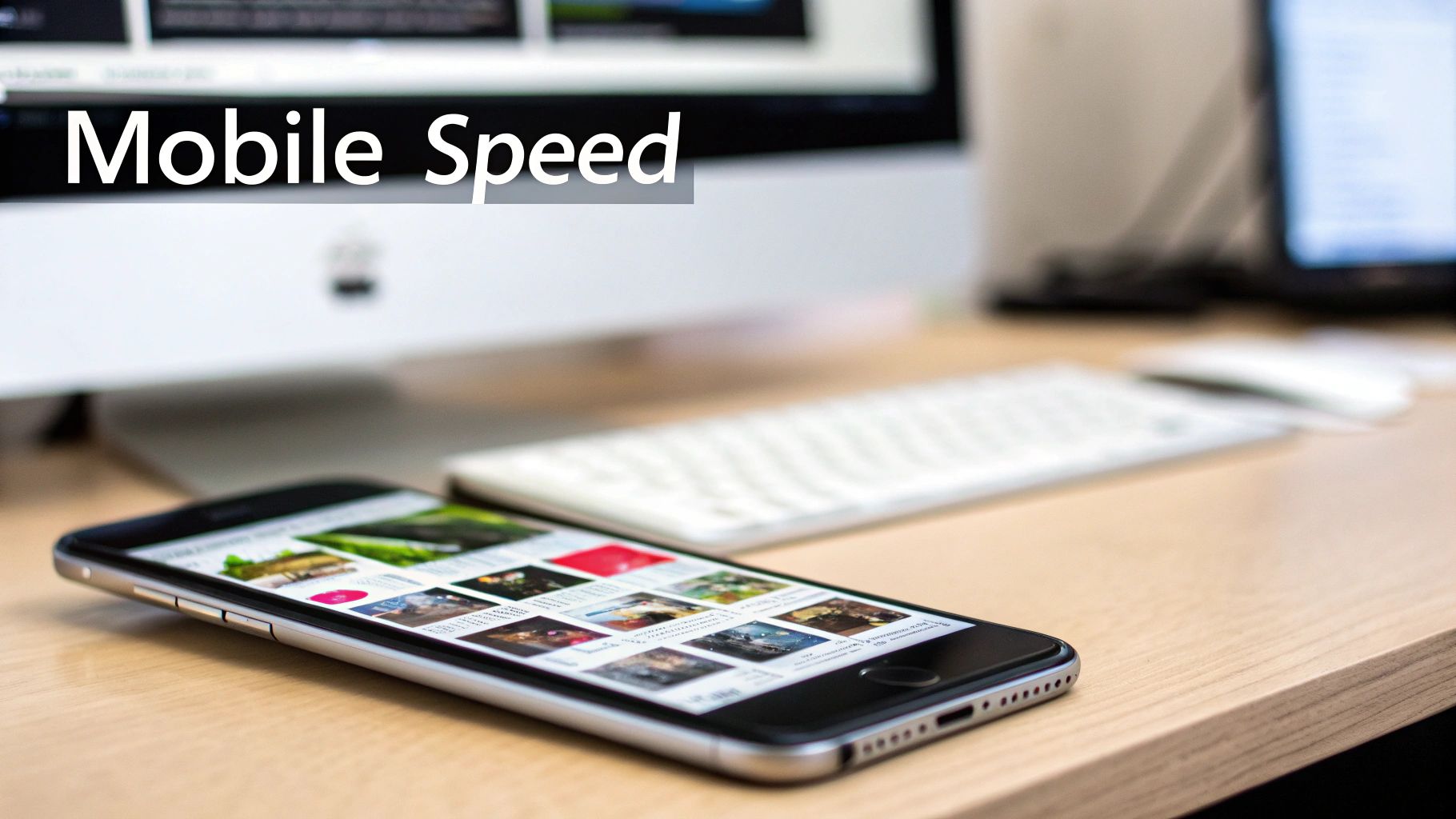 A smartphone displaying a grid of images on a wooden desk, with a computer in the background, promoting 'Mobile Speed'.