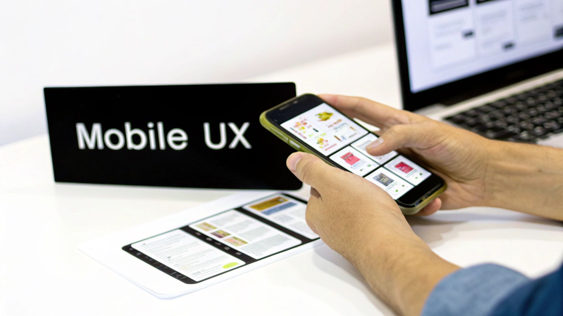 Hands interact with a smartphone displaying a mobile app, next to a 'Mobile UX' sign and design documents.