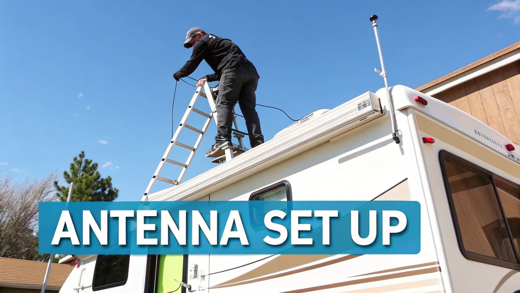 Man installing an antenna on an RV roof to boost his phone signal