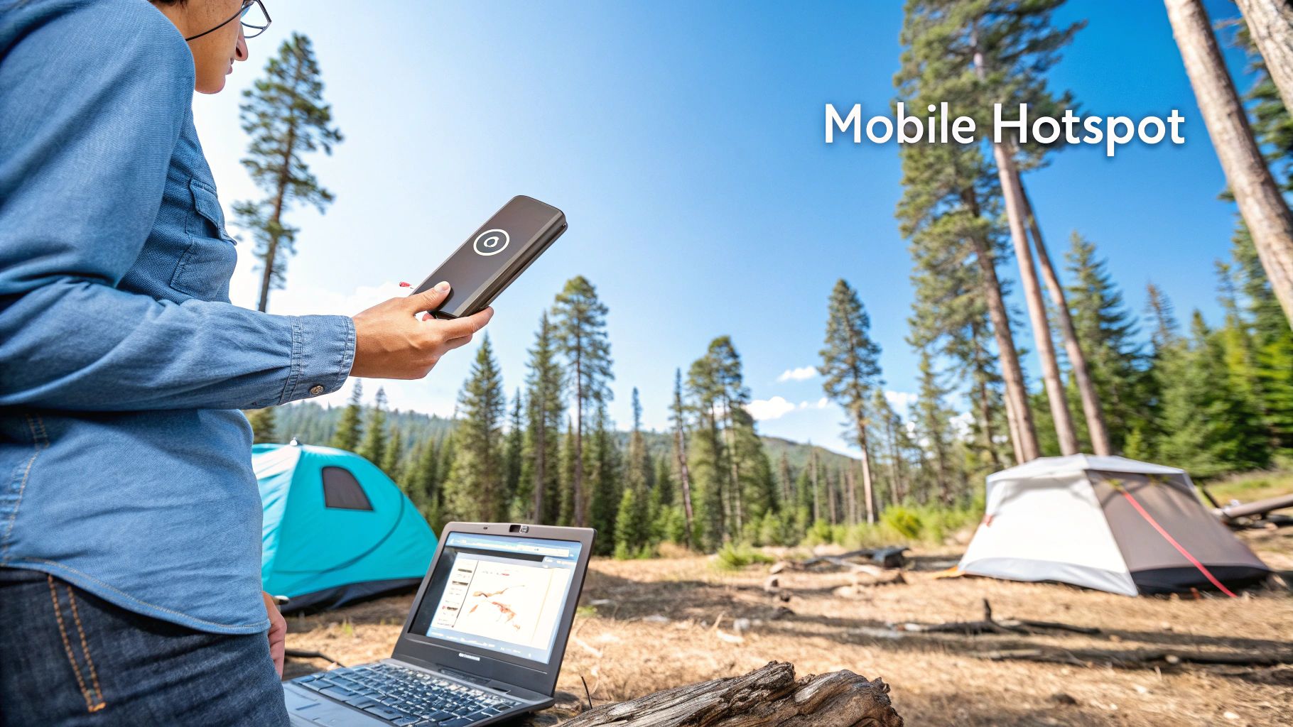 A cellular hotspot device creating a Wi-Fi signal in a remote location