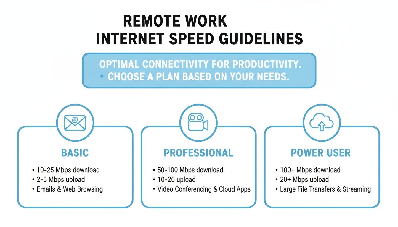 Remote work internet speed guidelines illustrating basic, professional, and power user requirements for optimal connectivity and productivity.