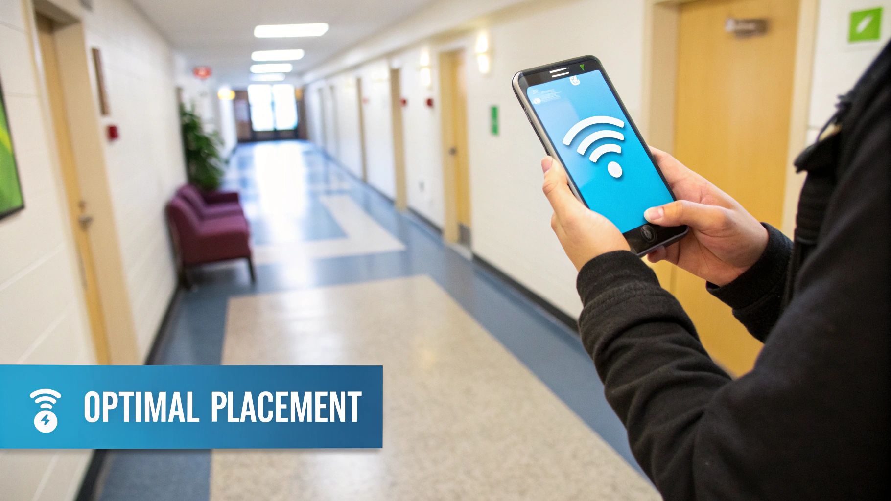 A person using a smartphone to check Wi-Fi signal strength near a Wi-Fi extender plugged into a wall outlet in a home hallway.