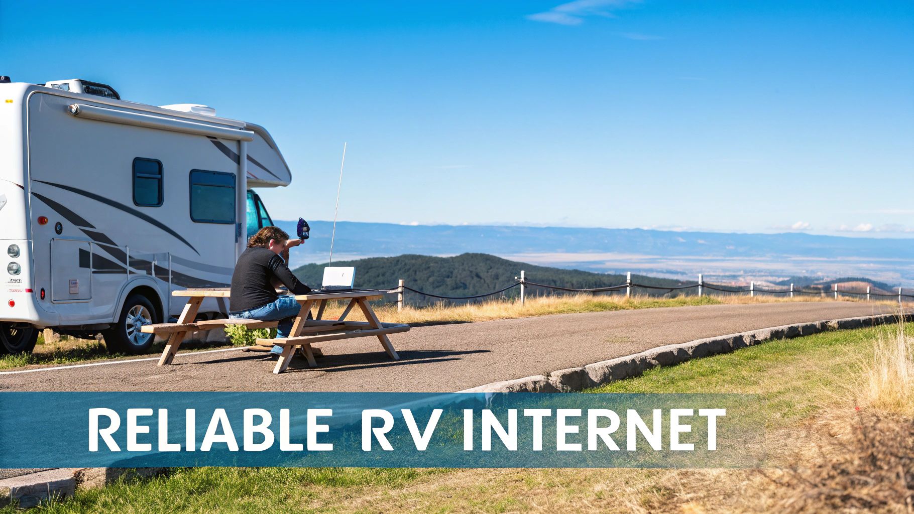 A person works on a laptop at a picnic table near an RV, enjoying scenic mountain views.