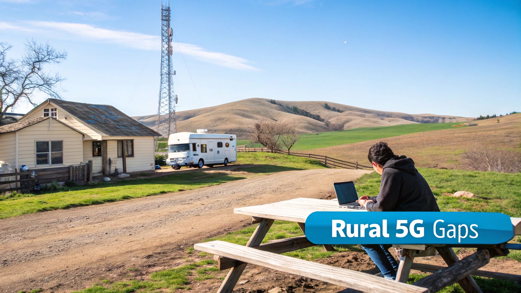 A person uses a laptop at a picnic table in a rural setting with a cell tower and RV, highlighting rural 5G gaps.