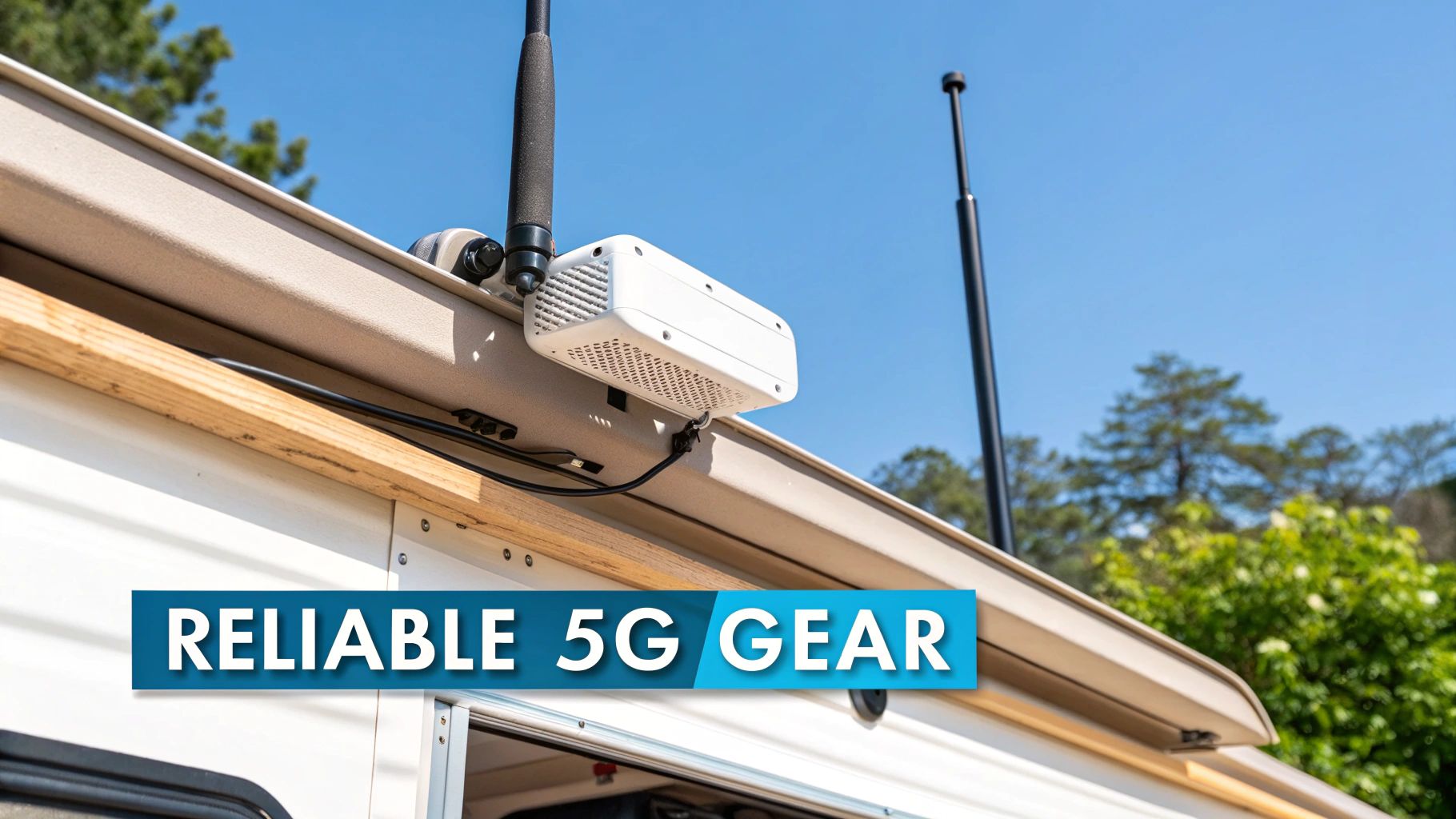 A white 5G modem and two antennas mounted on an RV or trailer side, with clear blue sky and trees.