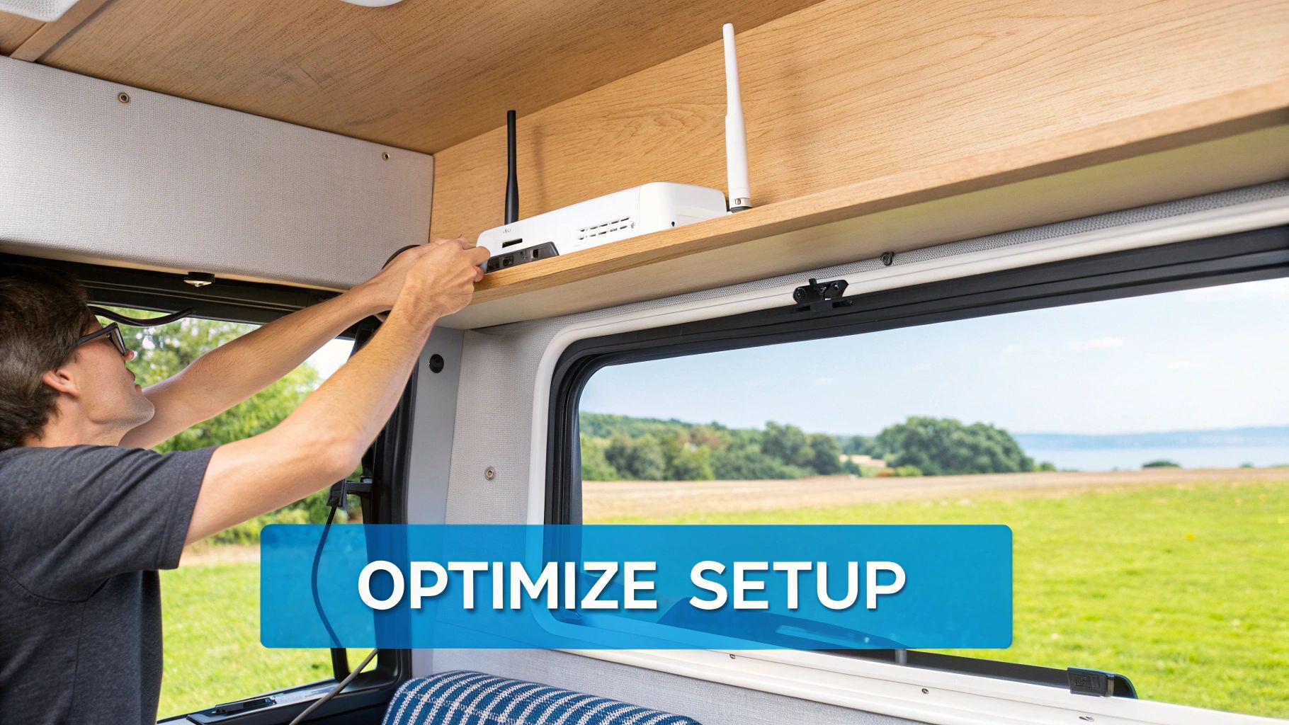 A person connects a travel WiFi router on a wooden shelf inside a camper van, overlooking a scenic landscape.