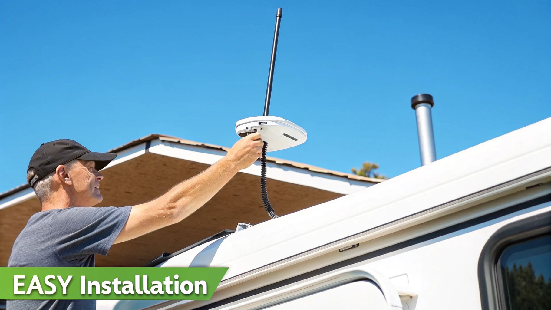 An RVer installing an antenna on the roof of their motorhome.