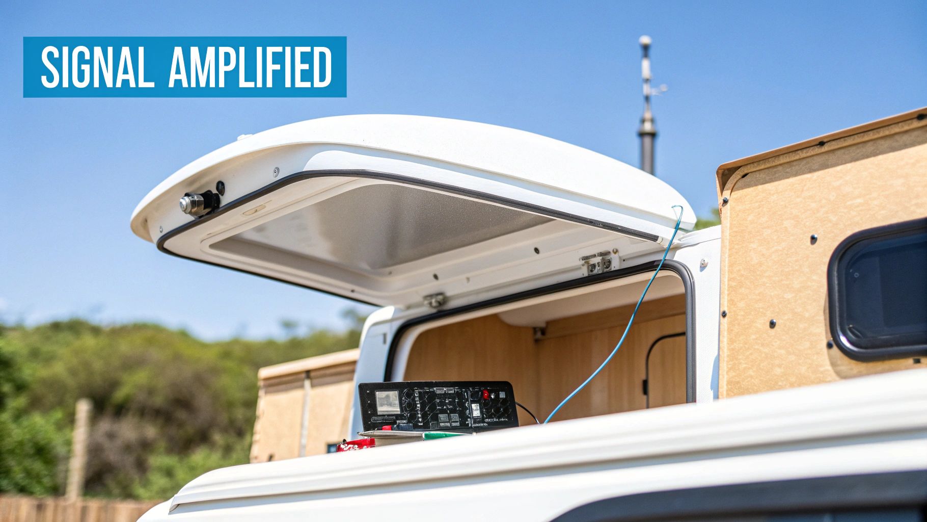 An open RV hatch reveals electronic equipment for signal amplification under a clear sky.