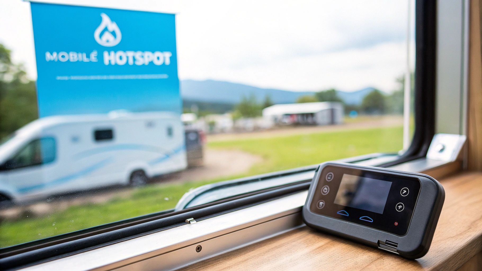 RV parked in a remote, scenic location with a satellite dish set up nearby