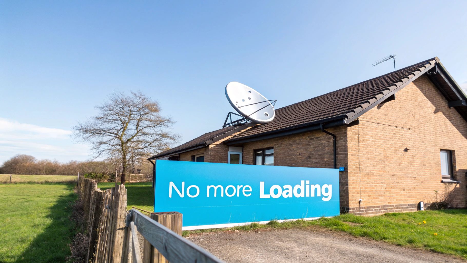A satellite dish installed on the roof of a modern rural home, with a clear sky in the background