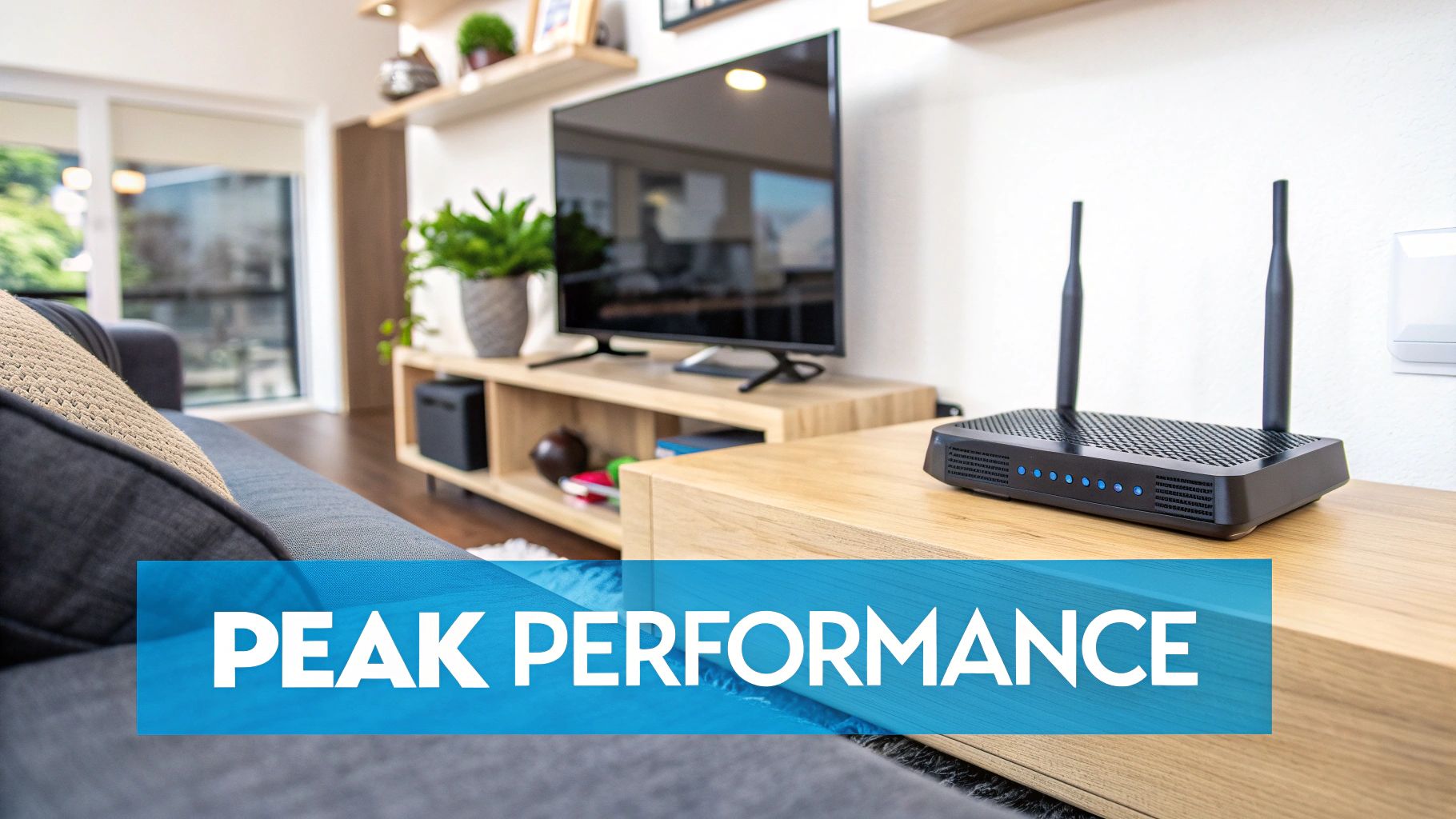 Person adjusting a Wi-Fi router on a shelf in a modern, rustic home.