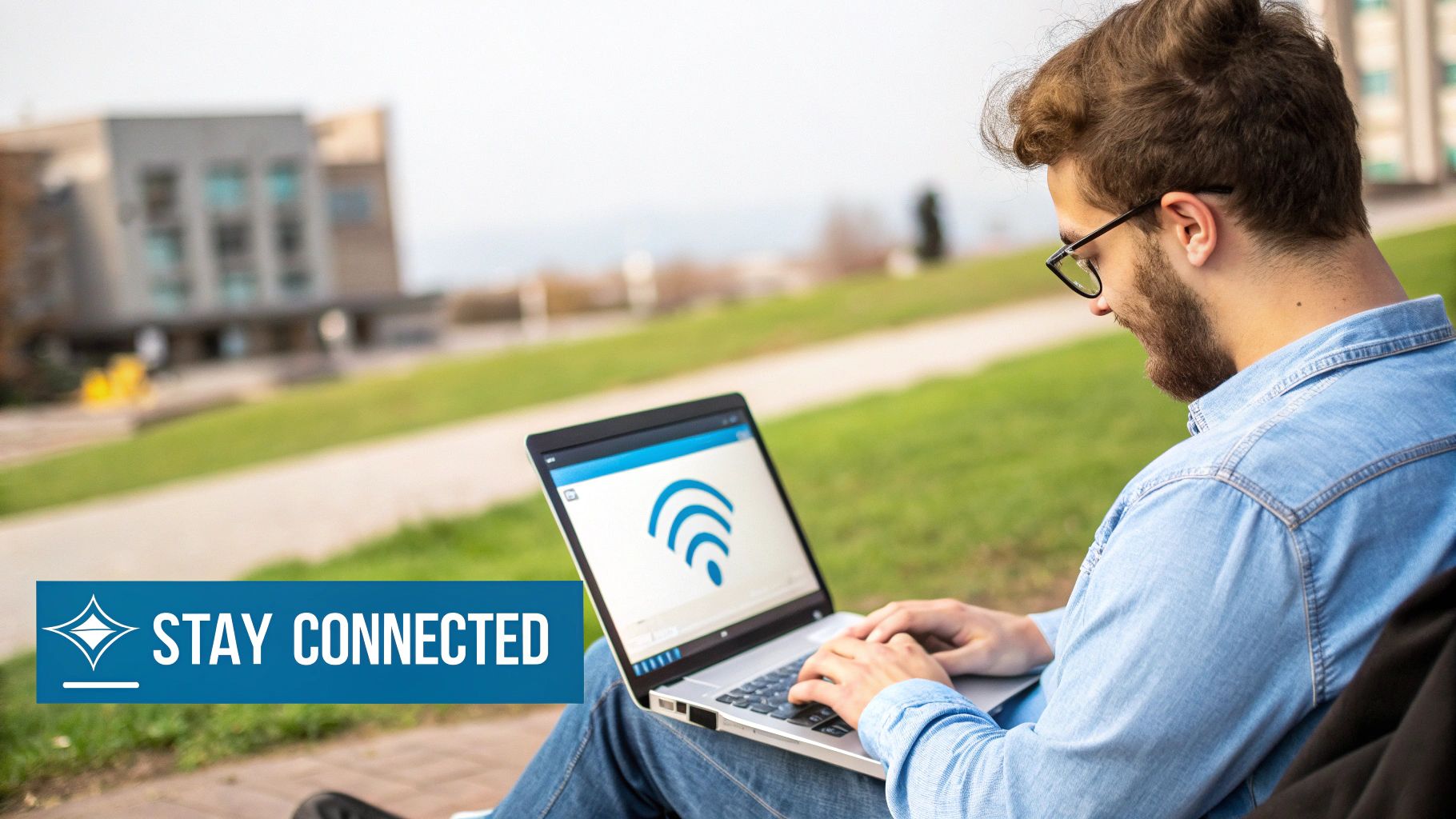 A person using a laptop with a strong Wi-Fi signal icon, sitting in a modern, well-lit space.