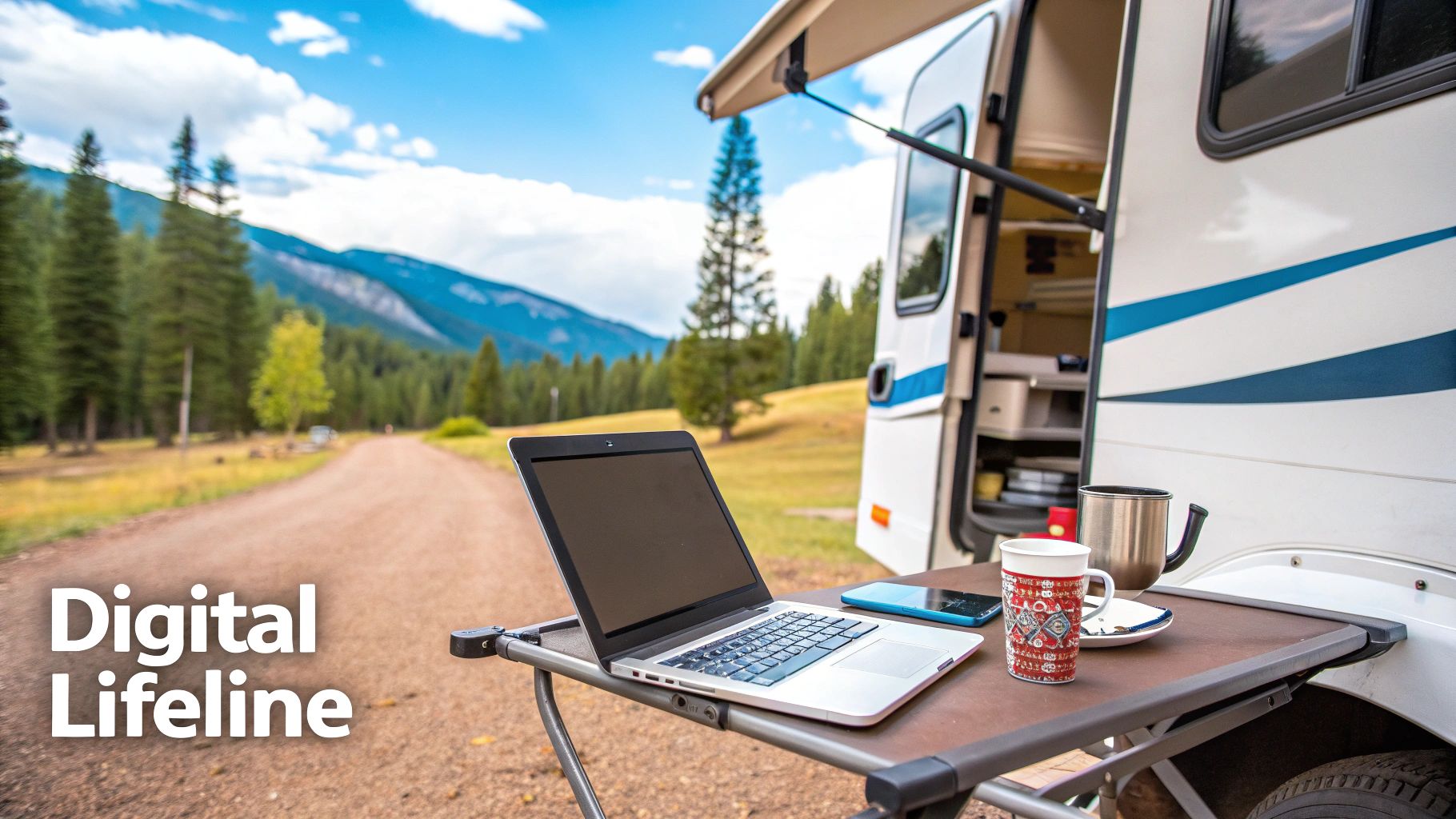 Laptop, smartphone, and coffee on a portable table outside an RV in a scenic mountain and forest setting.