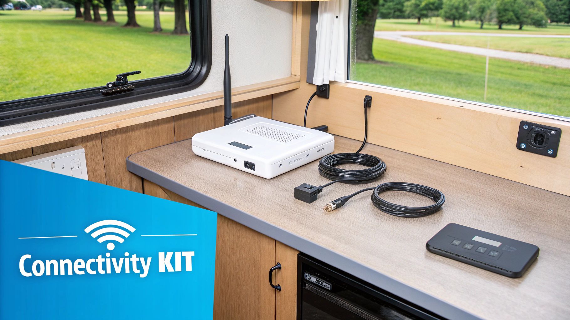 A white RV connectivity kit with a router, cables, and remote control on a wooden counter.