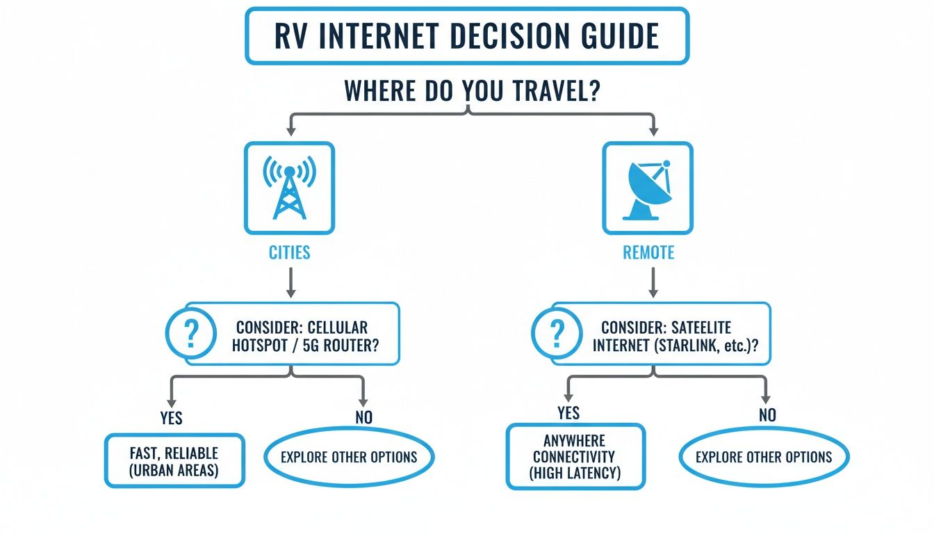 Decision guide for RV internet, recommending cellular for cities and satellite for remote travel.
