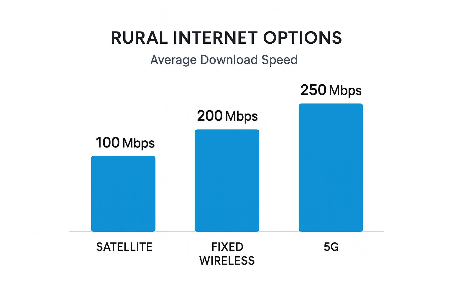 Infographic showing average download speeds for Satellite at 100 Mbps, Fixed Wireless at 200 Mbps, and 5G at 250 Mbps.