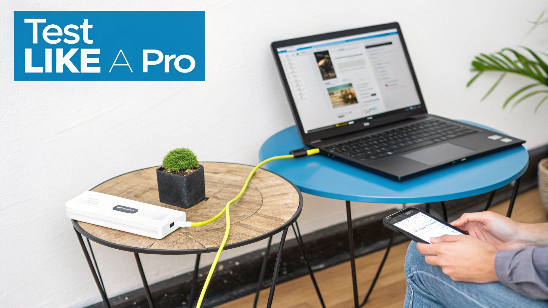 A person uses a smartphone while a laptop and a white testing device are connected on tables.