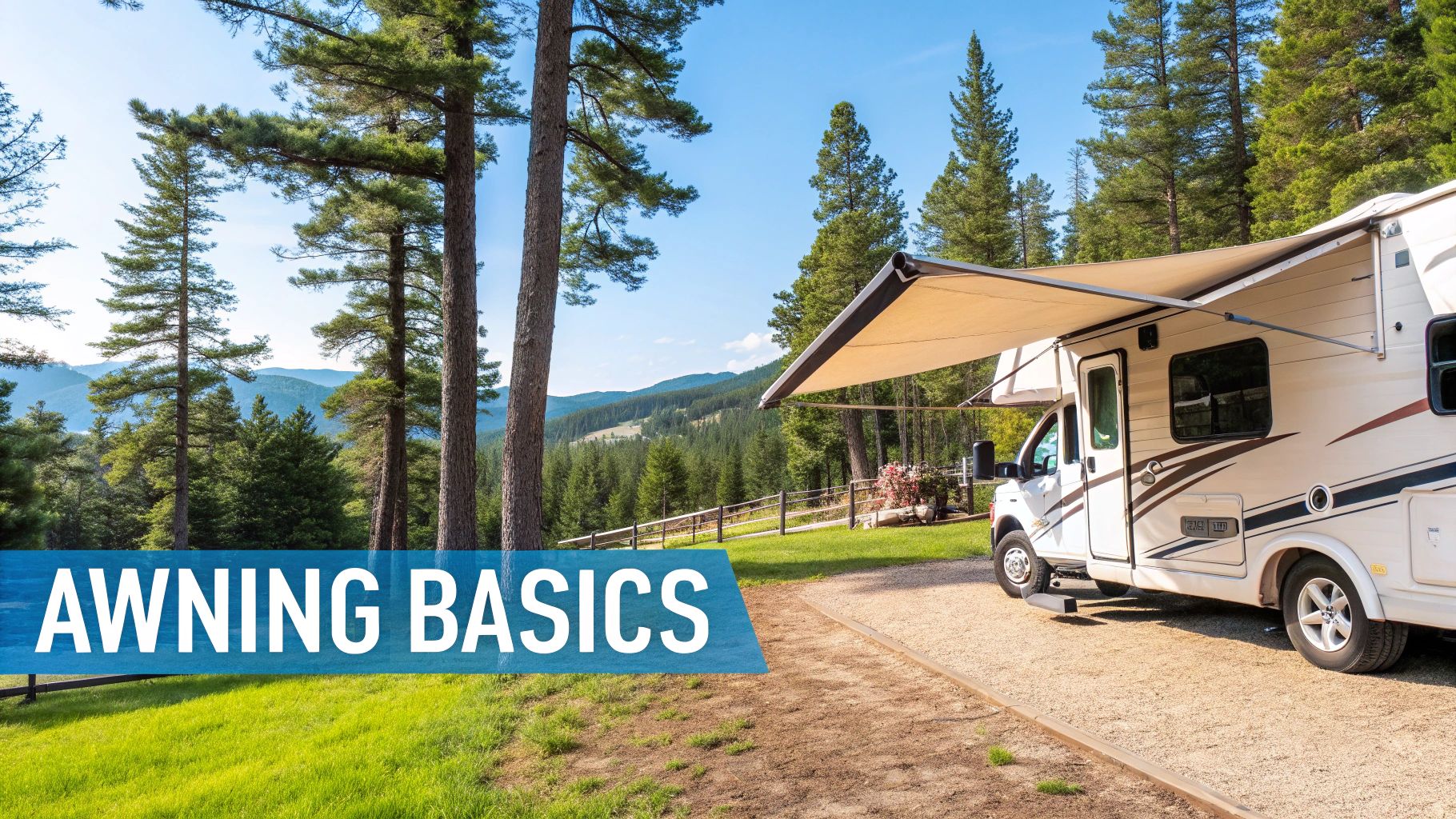 A modern RV with its large awning extended at a campsite during sunset