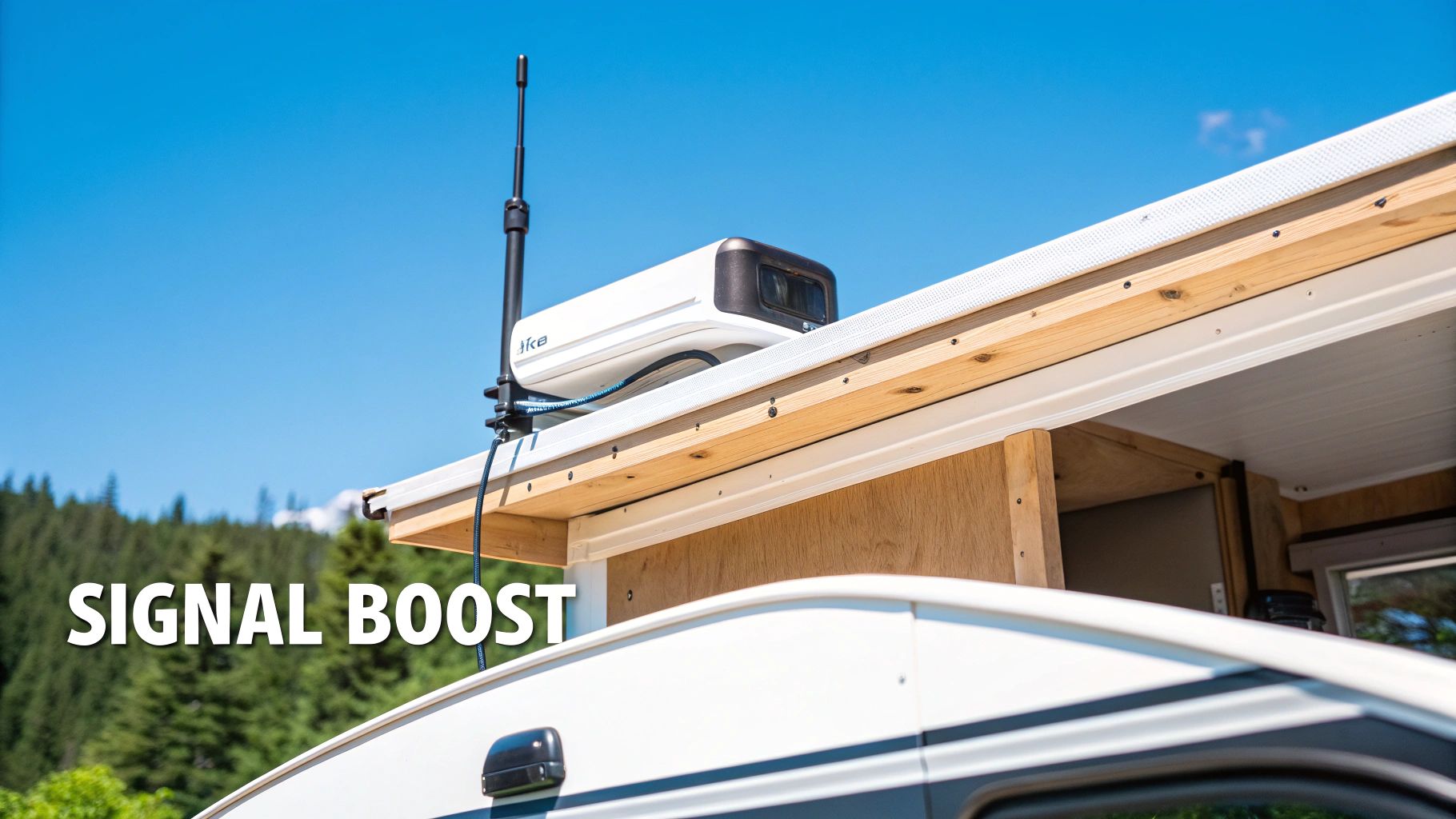 RV on a hill with a cellular booster antenna visible