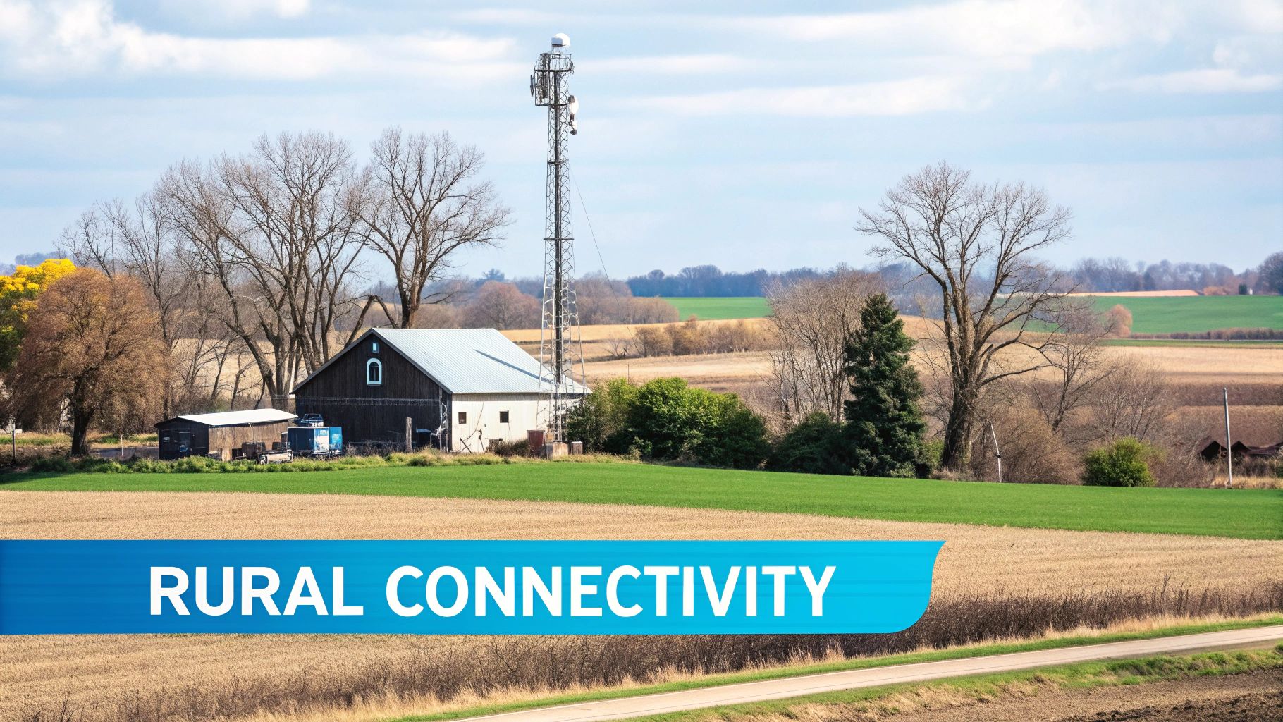 A person working on a laptop in a rural setting with a signal tower in the background