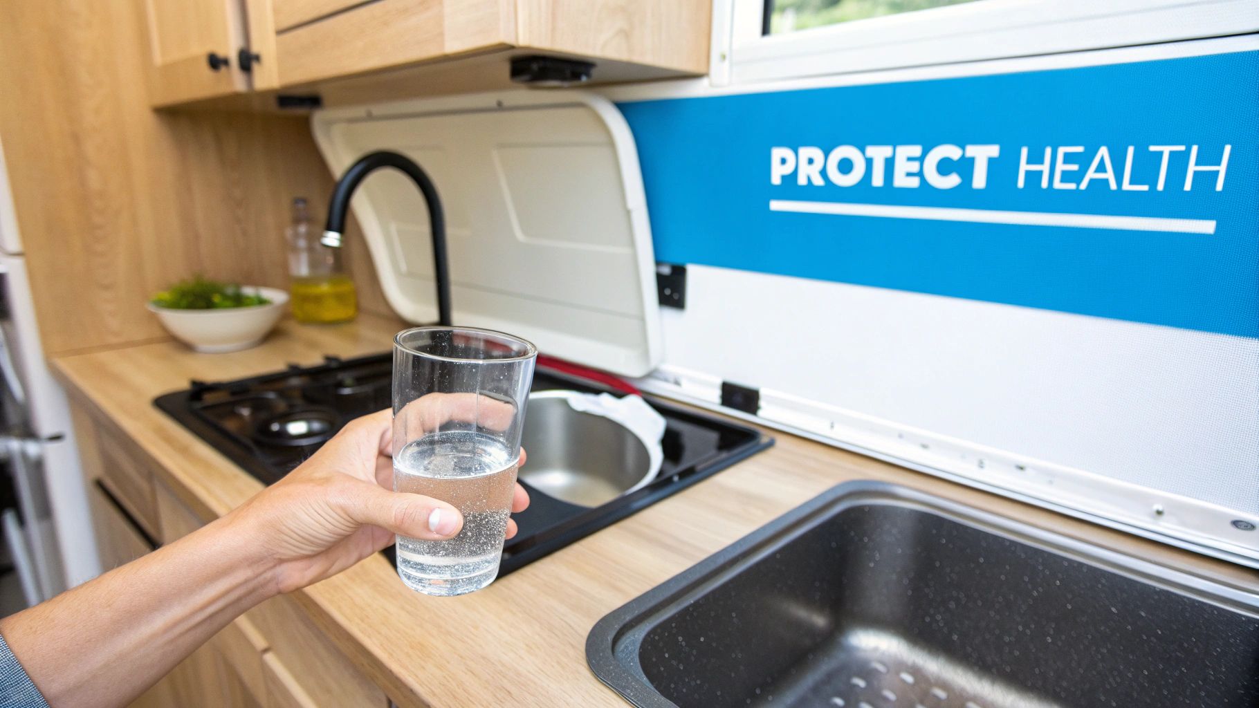 A person filling an RV fresh water tank with a blue potable water hose.