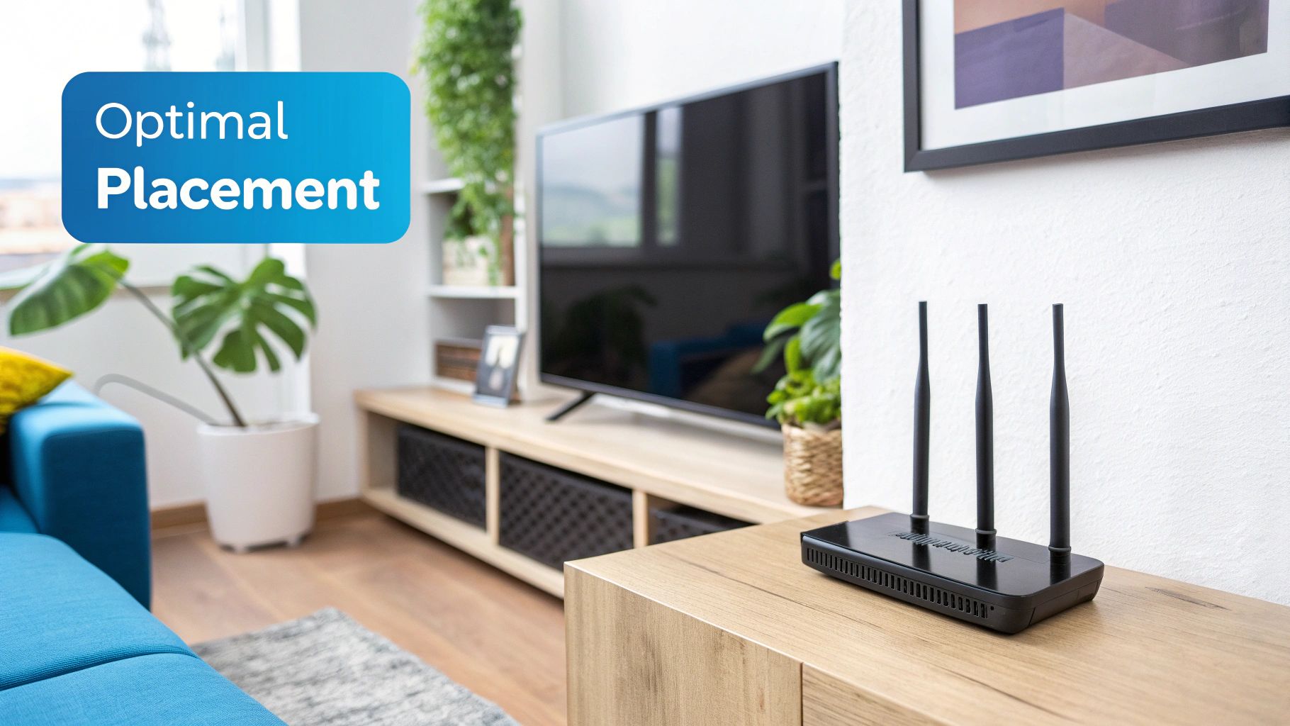 A modern WiFi router placed centrally on a wooden shelf in a well-lit living area, symbolizing optimal placement for signal strength.