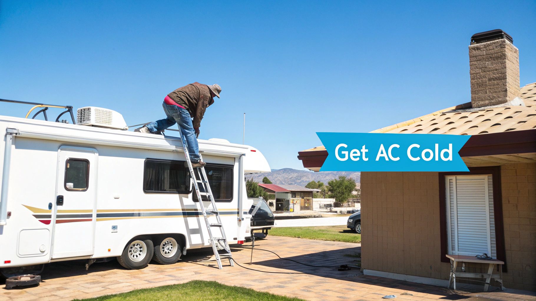 An RV parked in a scenic outdoor location with mountains in a background, representing the RV lifestyle.