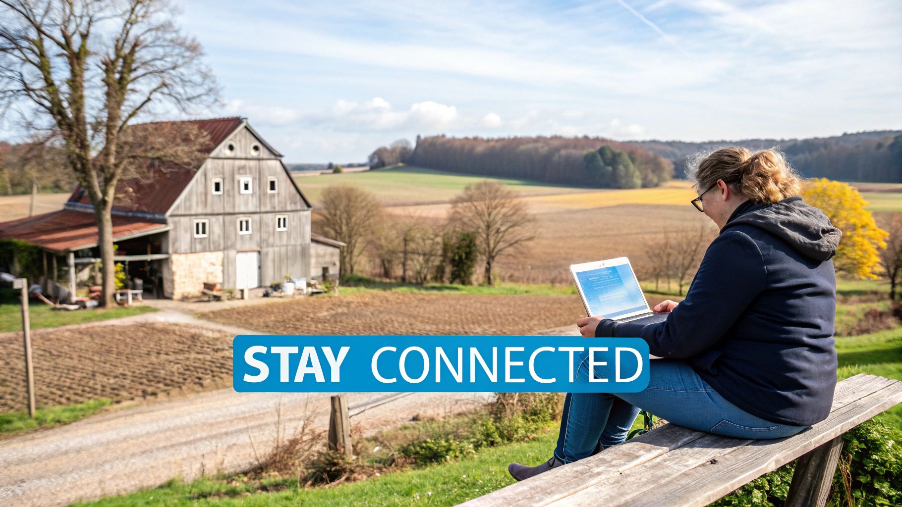 Depiction of a rural home with a wifi signal emanating from it