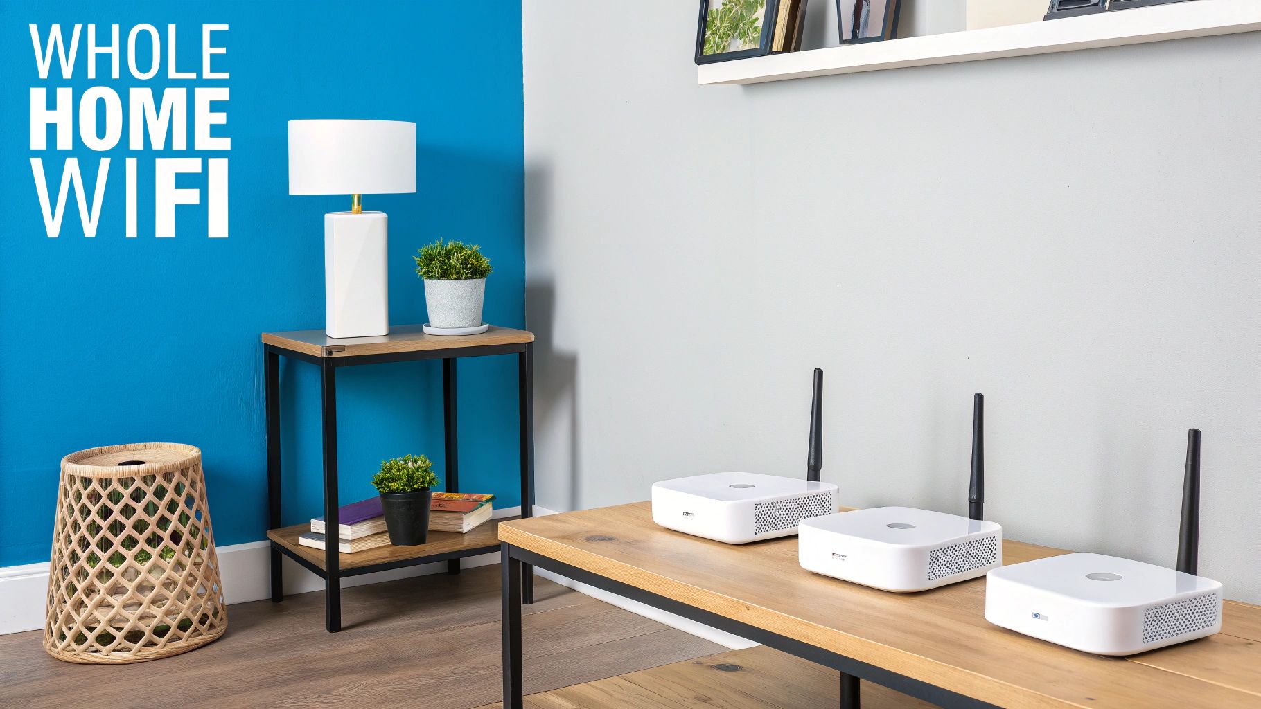 A modern mesh WiFi system with multiple nodes placed strategically throughout a home, illustrating how they create a seamless network coverage area.