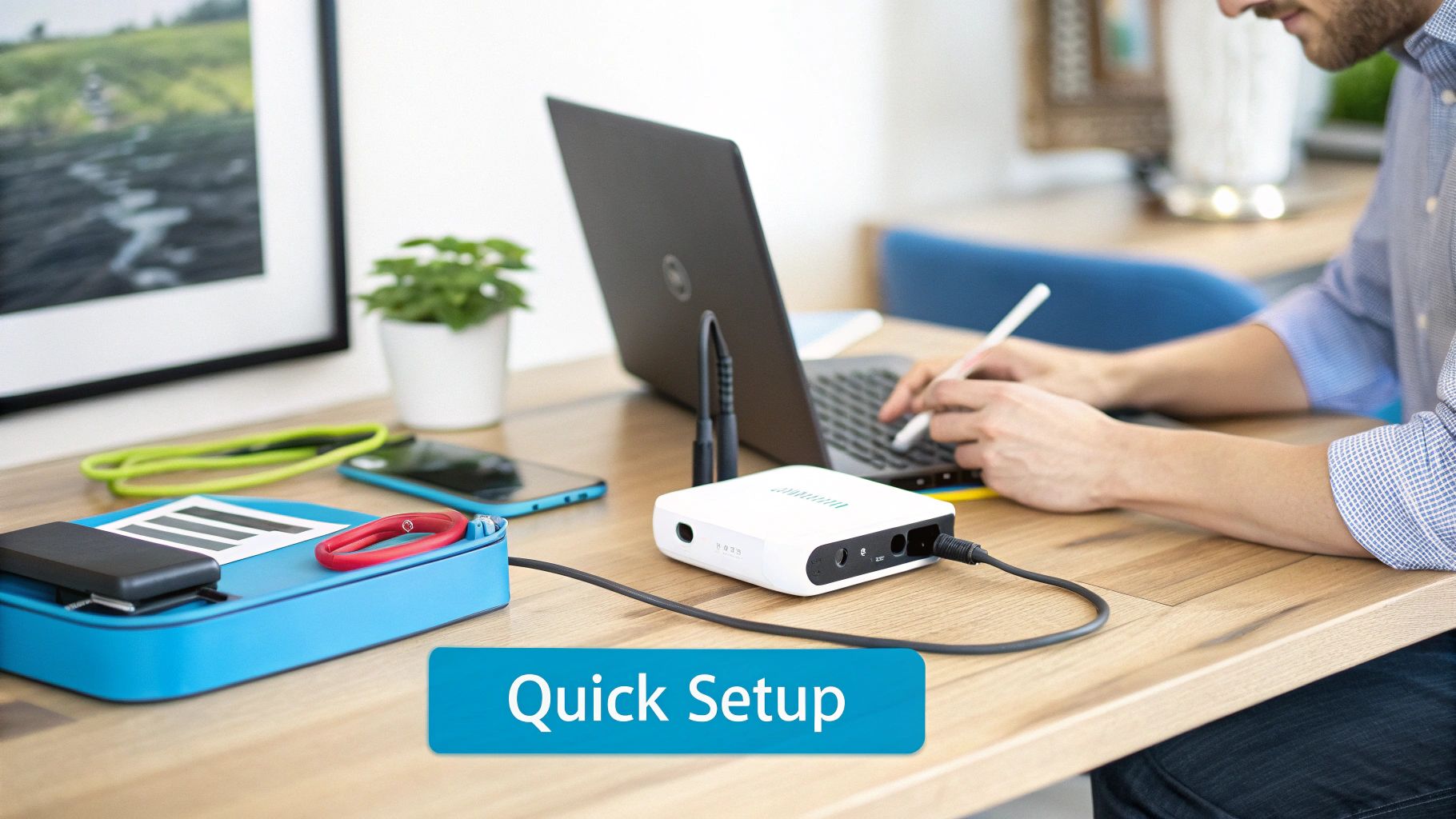 A person unboxing and setting up a new mobile hotspot device on a wooden table.